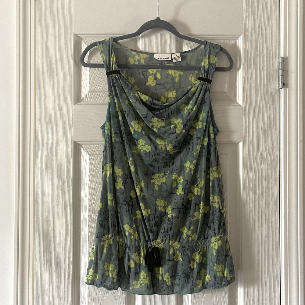 DKNY Women's Mesh Long Line Tank Top Medium Elastic Tie‎ Drape Neck Green Floral
